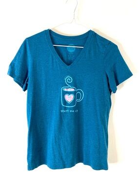 Life Is Good Start Me Up Coffee Heart Blue V Neck Graphic Tee